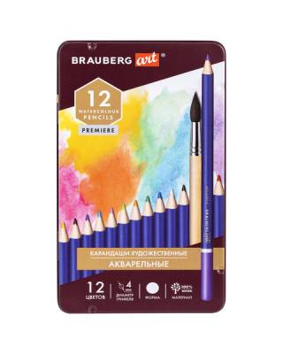 Карандаши художественные цветные акварельные BRAUBERG ART PREMIERE, 12 цветов, грифель 4 мм, металл, 181533