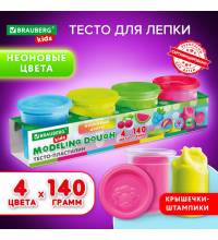 Пластилин-тесто для лепки BRAUBERG KIDS, 4 цвета, 560г, яркие неоновые цвета, крышки-штампики, 106716