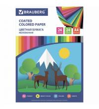 Цветная бумага, А4, мелованная, 24 листа, 24 цвета, на скобе, BRAUBERG ЭКО, 200х280 мм, "Природа", 111329