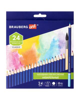 Карандаши художественные цветные акварельные BRAUBERG ART CLASSIC, 24 цвета, грифель 3,3 мм, 181530