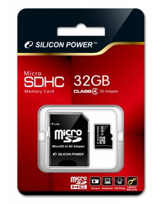 Флеш карта microSDHC 32Gb Class4 Silicon Power SP032GBSTH004V10-SP + adapter
