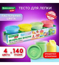 Пластилин-тесто для лепки BRAUBERG KIDS, 4 цвета, 560г, пастельные цвета, крышки-штампики, 106717